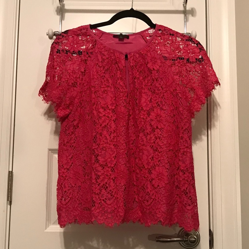 Bright pink J. crew short-sleeve floral lacy blouse (XS)